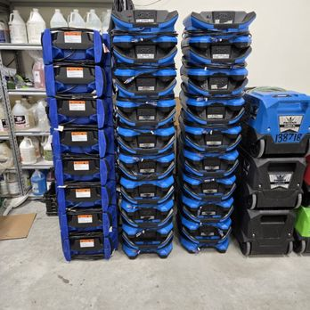 Warehouse racks of air movers cleaned and ready for the next job
