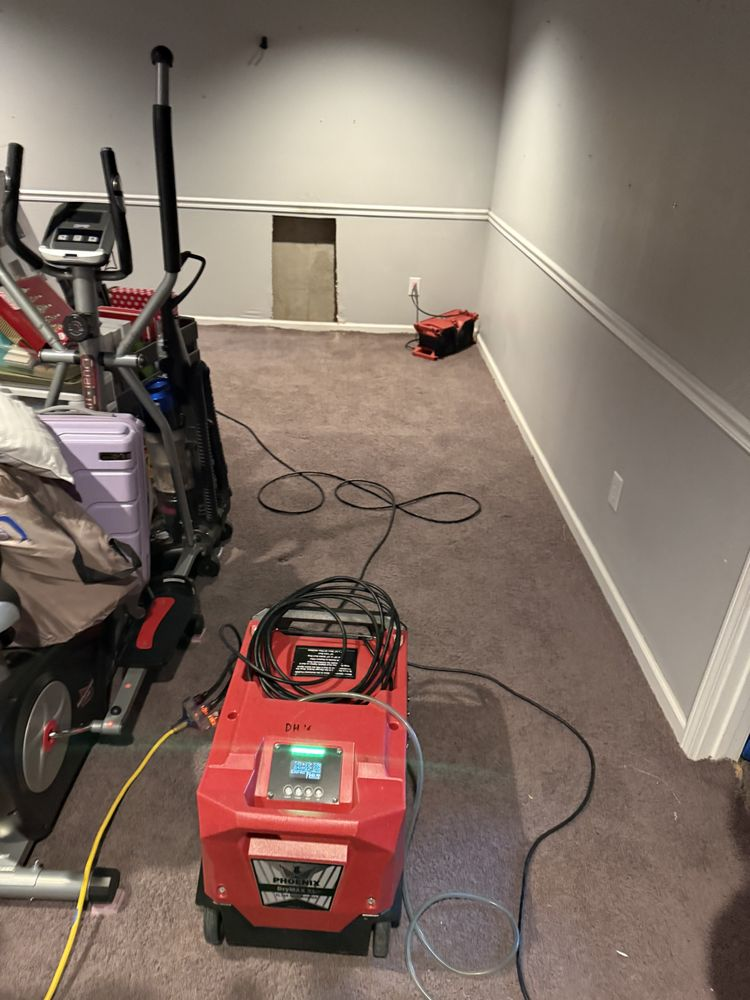 Basement carpet drying with an industrial dehumidifier after a water loss