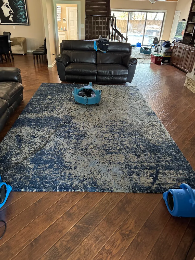 Air movers drying a living room floor and area rug after a water loss